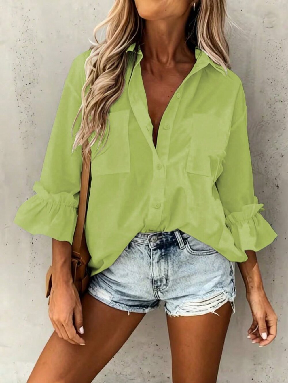 Green Casual Minimalist Women's 3/4 Sleeve Button Collar Ruffle Cuff Shirt